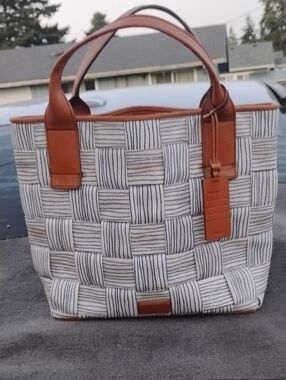 Fossil White & Brown Woven Tote with Leather Trim